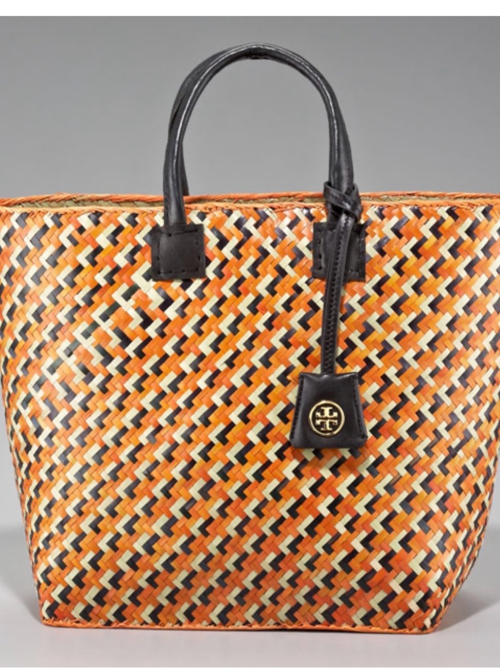 Tory Burch Orange and Black Woven Straw Tote - Picture 2 of 4